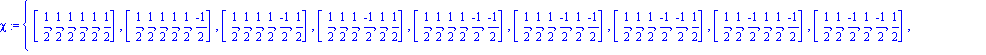 chi := {[1/2, 1/2, 1/2, 1/2, 1/2, 1/2], [1/2, 1/2, 1/2, 1/2, 1/2, (-1)/2], [1/2, 1/2, 1/2, 1/2, (-1)/2, 1/2], [1/2, 1/2, 1/2, (-1)/2, 1/2, 1/2], [1/2, 1/2, 1/2, 1/2, (-1)/2, (-1)/2], [1/2, 1/2, 1/2, (...