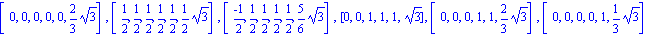 [0, 0, 0, 0, 0, 2/3*3^(1/2)], [1/2, 1/2, 1/2, 1/2, 1/2, 1/2*3^(1/2)], [(-1)/2, 1/2, 1/2, 1/2, 1/2, 5/6*3^(1/2)], [0, 0, 1, 1, 1, 3^(1/2)], [0, 0, 0, 1, 1, 2/3*3^(1/2)], [0, 0, 0, 0, 1, 1/3*3^(1/2)]