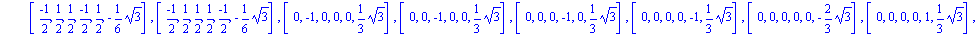[[-1, 0, 0, 0, 0, 1/3*3^(1/2)], [(-1)/2, (-1)/2, (-1)/2, (-1)/2, 1/2, -1/6*3^(1/2)], [(-1)/2, (-1)/2, (-1)/2, 1/2, (-1)/2, -1/6*3^(1/2)], [(-1)/2, (-1)/2, 1/2, (-1)/2, (-1)/2, -1/6*3^(1/2)], [(-1)/2, ...