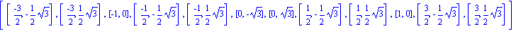 [[(-3)/2, -1/2*3^(1/2)], [(-3)/2, 1/2*3^(1/2)], [-1, 0], [(-1)/2, -1/2*3^(1/2)], [(-1)/2, 1/2*3^(1/2)], [0, -3^(1/2)], [0, 3^(1/2)], [1/2, -1/2*3^(1/2)], [1/2, 1/2*3^(1/2)], [1, 0], [3/2, -1/2*3^(1/2)...