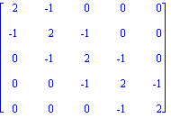 matrix([[2, -1, 0, 0, 0], [-1, 2, -1, 0, 0], [0, -1, 2, -1, 0], [0, 0, -1, 2, -1], [0, 0, 0, -1, 2]])