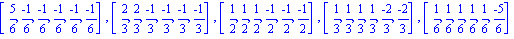 [5/6, (-1)/6, (-1)/6, (-1)/6, (-1)/6, (-1)/6], [2/3, 2/3, (-1)/3, (-1)/3, (-1)/3, (-1)/3], [1/2, 1/2, 1/2, (-1)/2, (-1)/2, (-1)/2], [1/3, 1/3, 1/3, 1/3, (-2)/3, (-2)/3], [1/6, 1/6, 1/6, 1/6, 1/6, (-5)...