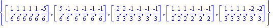 {[1/6, 1/6, 1/6, 1/6, 1/6, (-5)/6], [5/6, (-1)/6, (-1)/6, (-1)/6, (-1)/6, (-1)/6], [2/3, 2/3, (-1)/3, (-1)/3, (-1)/3, (-1)/3], [1/2, 1/2, 1/2, (-1)/2, (-1)/2, (-1)/2], [1/3, 1/3, 1/3, 1/3, (-2)/3, (-2...