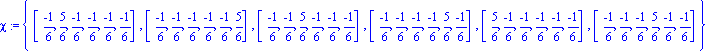 chi := {[(-1)/6, 5/6, (-1)/6, (-1)/6, (-1)/6, (-1)/6], [(-1)/6, (-1)/6, (-1)/6, (-1)/6, (-1)/6, 5/6], [(-1)/6, (-1)/6, 5/6, (-1)/6, (-1)/6, (-1)/6], [(-1)/6, (-1)/6, (-1)/6, (-1)/6, 5/6, (-1)/6], [5/6...